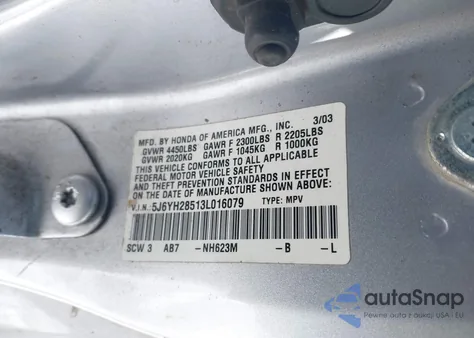 2003 Honda Element Ex z USA, uszkodzony, nr VIN 5J6YH28513L016079